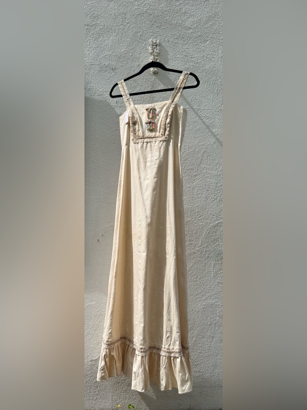 Vintage cream maxi prairie dress with bright colored embroidery